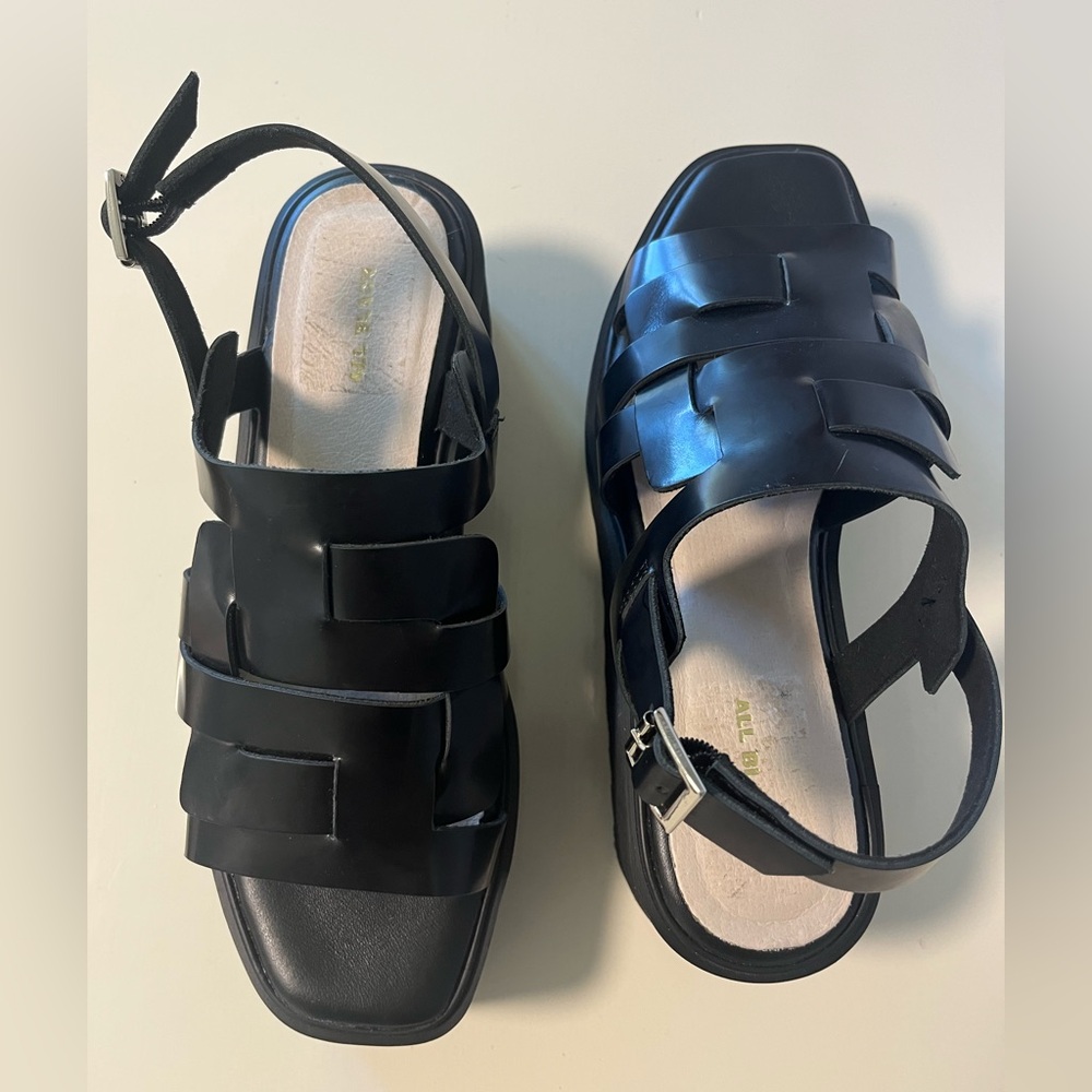 ALL BLACK FOOTWEAR NWOT Blunt Wedge Sandal Black Leather EU39/8.5-9 Anthropology